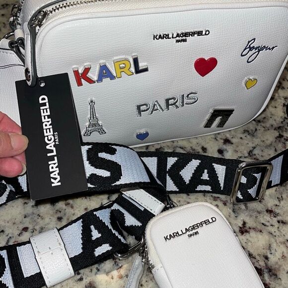 Karl Lagerfeld Maybelle Crossbody Bag Double Zip White With Pins Pouch NWT $228 - Picture 3 of 7